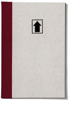 Buchumschlag aus grauem Leinen mit rotem Rücken und einem schwarzen Pfeilsymbol
